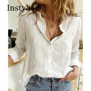 Women's Casual White Linen Button-Up Shirt