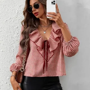 Plaid V-Neck Blouse
